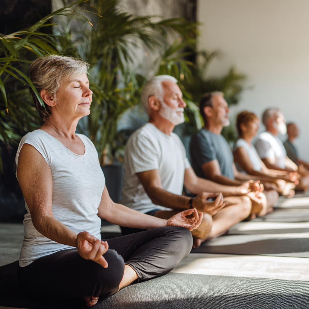 Diverse group of middle-aged adults practicing yoga together in serene environment