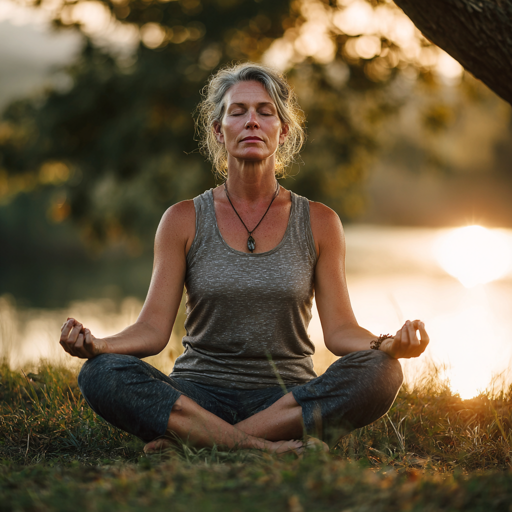 Middle-aged woman practicing mindful yoga poses in natural setting